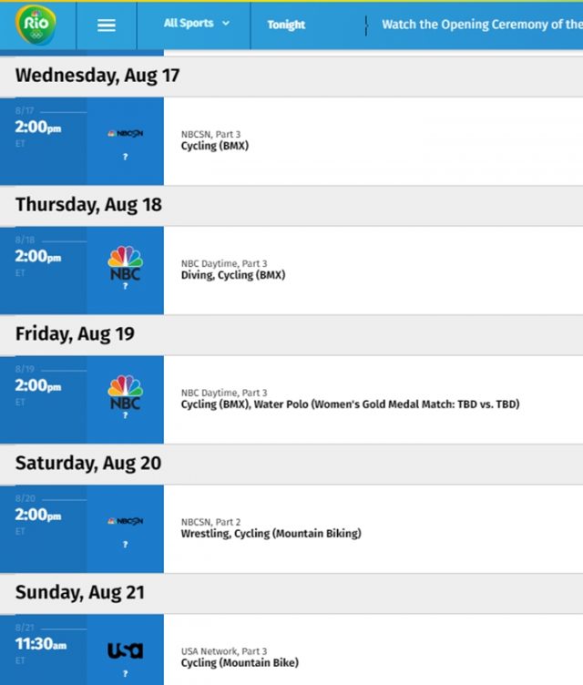 Rio BMX, MTB Olympic Schedule